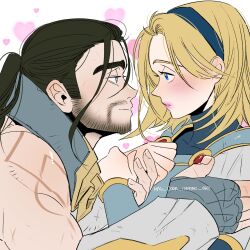 Rule 34 | 1boy, 1girl, artist name, beard, black hairband, blonde hair, blue eyes, blush, collar, eye contact, facial hair, from side, hairband, hands up, heart, highres, league of legends, long hair, looking at another, lux (league of legends), mag cora imparo, metal collar, muscular, muscular male, pink lips, ponytail, profile, short hair, shoulder tattoo, smile, sylas (league of legends), tattoo