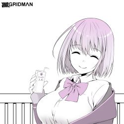 Rule 34 | 10s, 1girl, ^ ^, breasts, closed eyes, collared shirt, copyright name, gridman universe, highres, jacket, juice box, large breasts, light purple hair, looking at viewer, mimamui, off shoulder, purple jacket, shinjou akane, shirt, short hair, smile, ssss.gridman, upper body
