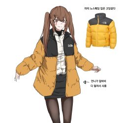 Rule 34 | 1girl, alternate costume, black pantyhose, black skirt, blouse, brown eyes, brown hair, closed mouth, commentary, feet out of frame, girls&#039; frontline, hair ornament, hairclip, highres, jacket, korean text, long hair, looking at viewer, mmm (ji1945), open clothes, open jacket, pantyhose, shirt, skirt, smile, solo, standing, symbol-only commentary, the north face, translation request, twintails, ump9 (girls&#039; frontline), white background, white shirt, yellow jacket