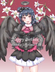 Rule 34 | 10s, 1girl, bad id, bad pixiv id, black bow, blue hair, blush, bow, breasts, character name, dated, flower, hair bow, hair bun, hands on own hips, happy birthday, highres, kaisou (0731waka), large breasts, long hair, long sleeves, looking at viewer, love live!, love live! sunshine!!, parted lips, pink eyes, single hair bun, smile, solo, tsushima yoshiko, wings