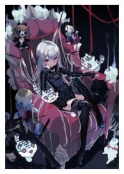 Rule 34 | 1girl, ahoge, armchair, bat ornament, black dress, black ribbon, boots, border, candle, chair, doll, dress, expressionless, fishnet thighhighs, fishnets, goth fashion, grey hair, hair between eyes, hair ribbon, head rest, highres, long hair, long sleeves, looking at viewer, mearylis (yamanasi mikage), original, pale skin, red eyes, ribbon, sitting, sketch, sleeves past wrists, solo, stuffed toy, thigh boots, thighhighs, thighhighs under boots, very long hair, white border, yamanasi mikage, zettai ryouiki