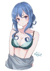 Rule 34 | 1girl, blue bra, blue eyes, blue hair, bra, breasts, cleavage, gotland (kancolle), haggy, hair bun, highres, kantai collection, long hair, looking at viewer, medium breasts, mole, mole under eye, one-hour drawing challenge, sidelocks, signature, simple background, single hair bun, solo, underwear, upper body, white background