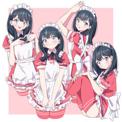 Rule 34 | 1girl, absurdres, apron, black hair, black ribbon, blue eyes, border, bow, collared dress, dress, frilled apron, frilled dress, frills, gridman universe, heart, heart hands, highres, long hair, maid, maid apron, maid headdress, multiple views, neck ribbon, pink background, pink dress, pink thighhighs, puffy short sleeves, puffy sleeves, ribbon, sho (shoshos 8888), short sleeves, ssss.gridman, takarada rikka, thighhighs, waist bow, white border, white bow