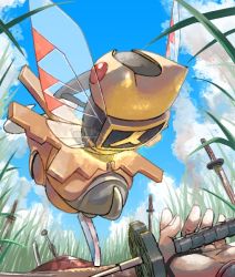 Rule 34 | cloud, commentary request, creatures (company), day, ecdysis, from below, game freak, gen 3 pokemon, grass, mukiguri, ninjask, nintendo, outdoors, planted, planted sword, planted weapon, pokemon, pokemon (creature), red eyes, shedding, shedinja, shell, sky, sword, tall grass, weapon