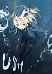 Rule 34 | 10s, 1girl, absurdres, aizawa masaya, bad id, bad pixiv id, black dress, black pantyhose, blonde hair, blue jacket, character name, dress, grey eyes, hat, highres, jacket, kantai collection, long hair, open clothes, open jacket, open mouth, pantyhose, solo, u-511 (kancolle), underwater