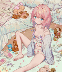 Rule 34 | 1girl, bare legs, bare shoulders, barefoot, bed, blue eyes, blush, boyshort panties, breasts, camisole, candy wrapper, cardigan, cleavage, commentary, english commentary, food print, foot out of frame, highres, long hair, looking at viewer, medium breasts, messy room, navel, off shoulder, on floor, open cardigan, open clothes, original, panties, pink hair, sitting, sleeves past wrists, slippers, unworn slippers, solo, strawberry print, stuffed animal, stuffed rabbit, stuffed dog, stuffed toy, teddy bear, underwear, yutsumoe