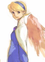Rule 34 | 1girl, angel wings, blonde hair, blue eyes, breasts, breath of fire, breath of fire iv, brooch, closed mouth, dress, hairband, highres, jewelry, kannoaki, looking at viewer, nina (breath of fire iv), pantyhose, short hair, simple background, smile, solo, very short hair, white wings, wings