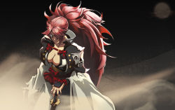 Rule 34 | 1girl, amputee, arm guards, baiken, big hair, black kimono, breasts, cleavage, commentary, danger0088, dark sky, dust, english commentary, eyepatch, facial tattoo, from above, guilty gear, guilty gear xrd, high collar, highres, jacket, jacket on shoulders, japanese clothes, kataginu, katana, kimono, large breasts, long hair, moon, multicolored clothes, multicolored kimono, obi, one-eyed, open clothes, open kimono, pink hair, ponytail, samurai, sash, scar, scar across eye, scar on face, sword, sword plant, tattoo, very long hair, weapon, white kimono