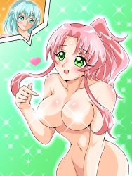 Rule 34 | 2girls, aqua eyes, blue hair, blush, breasts, censored, censored nipples, convenient censoring, glowing, gradient background, green eyes, heart, highres, inabakun00, large breasts, long hair, multiple girls, navel, nude, open mouth, original, pink hair, pointing, ponytail, rio&#039;s sister (inaba), rio (inaba), siblings, sisters, smile, sparkle, sparkle background, standing