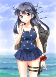 Rule 34 | 10s, 1girl, beach, black hair, blue skirt, blue sky, blue one-piece swimsuit, breasts, cloud, day, kantai collection, kitagawa mikio, large breasts, long hair, machinery, ocean, one-piece swimsuit, outdoors, polka dot, polka dot swimsuit, purple eyes, scrunchie, skirt, sky, solo, swimsuit, swimsuit under clothes, torpedo, turret, ushio (kancolle), water, wrist scrunchie
