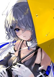 Rule 34 | 1girl, absurdres, arknights, bare shoulders, black dress, blue eyes, breasts, commentary, detached sleeves, dress, eyepatch, gloves, grey hair, hair ornament, hair over one eye, highres, holding, holding umbrella, maria (syake-uni), medical eyepatch, medium breasts, short hair, solo, umbrella, upper body, water drop, wet, wet clothes, wet hair, wet hat, whisperain (arknights), white gloves, x hair ornament, yellow umbrella