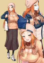 Rule 34 | 1girl, black skirt, breasts, brown scarf, cleavage, cleavage cutout, clothing cutout, coat, ge xi, hair ornament, hairclip, hat, large breasts, lien ai-chiang, long sleeves, looking at viewer, mask, mouth mask, multiple views, orange eyes, orange hair, scarf, shoes, skirt, sneakers, standing, sweater, turtleneck, turtleneck sweater, witches in 7th base, yellow background
