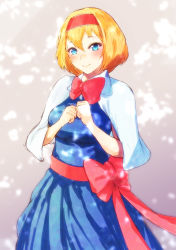 Rule 34 | 1girl, alice margatroid, blonde hair, blue dress, blue eyes, blush, bow, bowtie, breasts, capelet, clenched hands, commentary, cowboy shot, dress, gradient background, grey background, hair between eyes, hairband, highres, looking at viewer, mayonaka taruho, medium breasts, red bow, red bowtie, red hairband, red sash, sash, short hair, smile, solo, touhou, white capelet
