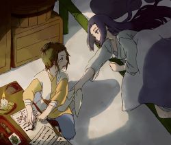 Rule 34 | 2boys, bed, beihe (the legend of luoxiaohei), black hair, blue pants, candle, fire, highres, lanxi zhen, long hair, long sleeves, mizugami (mizugami12), multiple boys, pants, paper, parted lips, profile, shadow, table, luo xiaohei zhanji, under covers, writing, wuxian (the legend of luoxiaohei)