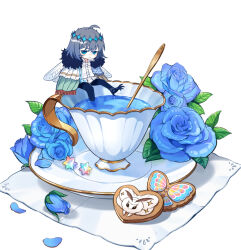 Rule 34 | 1boy, ahoge, blanca (fate), blue eyes, blue flower, blue rose, claws, cloak, closed mouth, cup, dragonfly wings, fate/grand order, fate (series), flower, frown, fur-trimmed cloak, fur trim, grey hair, heart-shaped cookie, leaf, male focus, mini person, miniboy, napkin, oberon (fate), oberon (third ascension) (fate), petals, plate, rose, shichimi (ftlvampire32), shirt, short hair, simple background, sitting, solo, spoon, teacup, white background, white shirt