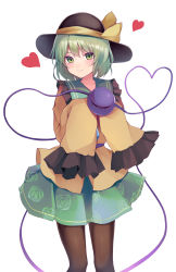 Rule 34 | 1girl, absurdres, black hat, black pantyhose, blush, bow, closed mouth, collarbone, commentary request, eyebrows hidden by hair, feet out of frame, floppy sleeves, floral print, frilled shirt collar, frills, green eyes, green hair, green skirt, hair between eyes, hat, hat bow, heart, heart of string, highres, koizumo, komeiji koishi, looking at viewer, pantyhose, shirt, short hair, simple background, skirt, sleeves past fingers, sleeves past wrists, smile, solo, standing, third eye, touhou, white background, yellow bow, yellow shirt