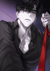 Rule 34 | 1boy, absurdres, adam&#039;s apple, arm support, black hair, black shirt, closed mouth, collarbone, collared shirt, dress shirt, from below, frown, hand up, highres, holding, holding leash, leash, long sleeves, looking at viewer, male focus, muksal, original, outstretched arm, pov, reaching, reaching towards viewer, shirt, short hair, solo, upper body, viewer on leash
