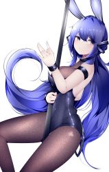 Rule 34 | 1girl, absurdly long hair, absurdres, animal ears, arm strap, azur lane, bare shoulders, black leotard, bodystocking, breasts, cleavage, covered navel, detached collar, fake animal ears, hair between eyes, highres, huge filesize, large breasts, leotard, long hair, new jersey (azur lane), new jersey (exhilarating steps!) (azur lane), official alternate costume, oversized breast cup, pantyhose, playboy bunny, pole, purple eyes, purple hair, rabbit ears, samip, see-through, see-through cleavage, simple background, solo, strapless, strapless leotard, stripper pole, very long hair, white background, wrist cuffs