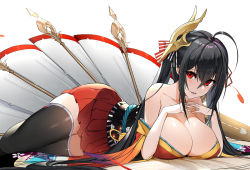 Rule 34 | 1girl, ahoge, azur lane, bare shoulders, black hair, black thighhighs, blush, breast rest, breasts, cleavage, collarbone, crossed bangs, hair between eyes, hair ribbon, huge breasts, japanese clothes, kimono, large breasts, long hair, looking at viewer, luse maonang, lying, mask, mask on head, obi, open mouth, parted lips, red eyes, red kimono, red ribbon, ribbon, sash, short kimono, smile, solo, taihou (azur lane), thighhighs, thighs, twintails, very long hair, white background
