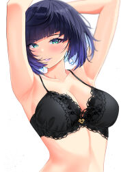Rule 34 | 1girl, absurdres, armpits, arms up, black bra, blue hair, blush, bra, breasts, collarbone, commentary request, diagonal bangs, genshin impact, green eyes, grin, highres, lace, lace-trimmed bra, lace trim, large breasts, mole, mole on breast, presenting armpit, purple lips, revision, short hair, simple background, smile, solo, underwear, upper body, white background, yelan (genshin impact), yuito (yuitokobunasbs0)