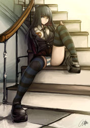 Rule 34 | 10s, 1girl, absurdres, black hair, bow, checkered floor, evan yang, hair bow, highres, long hair, necktie, panties, panty &amp; stocking with garterbelt, pantyshot, sitting, sitting on stairs, solo, stairs, stocking (psg), striped clothes, striped panties, striped thighhighs, thighhighs, underwear, upskirt