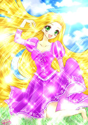 Rule 34 | 1girl, :d, absurdres, animification, barefoot, blonde hair, cloud, disney, dress, grass, green eyes, happy, highres, kneeling, long hair, looking at viewer, nature, open mouth, outdoors, puffy sleeves, purple dress, rapunzel, rapunzel (disney), shoko-tan, signature, sky, smile, solo, sparkle, tangled, very long hair