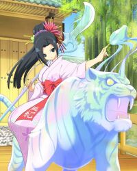 Rule 34 | 1girl, animal, animal ears, architecture, bamboo, black hair, blue eyes, blunt ends, bow, breasts, candy, chihaya (senran kagura), door, east asian architecture, fangs, floral print, floral print kimono, flower, food, glaive (polearm), guan dao, hair flower, hair ornament, hair stick, holding, holding polearm, holding weapon, japanese clothes, kimono, large breasts, long hair, obi, official art, open mouth, over shoulder, polearm, ponytail, print kimono, purple kimono, red bow, red flower, riding, riding animal, sash, scrunchie, senran kagura, senran kagura new wave, sitting on animal, solo, stick, tail, tiger, tiger ears, tiger stripes, tiger tail, translation request, v-shaped eyebrows, weapon, weapon over shoulder, wooden bridge, yaegashi nan