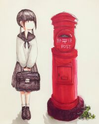 Rule 34 | 1girl, black footwear, black hair, black neckerchief, black sailor collar, black skirt, briefcase, full body, highres, japanese cylindrical postbox, japanese postal mark, legs together, long hair, long sleeves, looking at object, looking to the side, low twintails, neckerchief, no mouth, no nose, original, outdoors, plant, pleated skirt, postbox (outgoing mail), sailor collar, sailor shirt, school briefcase, school uniform, serafuku, shirt, shoes, sidelocks, simple background, skirt, socks, solo, standing, tokunaga aoi, traditional media, twintails, v arms, white background, white shirt, white socks