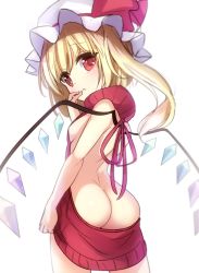Rule 34 | 1girl, ass, back, back cutout, backless dress, backless outfit, bare back, bare shoulders, blonde hair, blush, bow, breasts, butt crack, clothing cutout, cowboy shot, crystal, dress, flandre scarlet, halterneck, hand to own mouth, hand up, hat, hat bow, highres, janne cherry, legs apart, long hair, looking at viewer, meme attire, mob cap, naked sweater, open mouth, red eyes, red sweater, ribbed sweater, ribbon, shoulder blades, side ponytail, sideboob, simple background, small breasts, solo, sweater, sweater dress, touhou, turtleneck, turtleneck sweater, virgin killer sweater, white background, white hat, wings