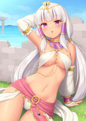Rule 34 | 1girl, arm support, arm up, armor, armpits, bikini armor, blunt bangs, blush, breasts, circlet, dancer, dark-skinned female, dark skin, detached sleeves, egyptian clothes, facial mark, gold choker, harem outfit, highres, jewelry, long hair, long sleeves, looking at viewer, low twintails, medium breasts, navel, open mouth, original, pink eyes, puffy long sleeves, puffy sleeves, sasaame, sitting, solo, twintails, underboob, usekh collar, white hair, yokozuwari
