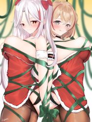 Rule 34 | 2girls, artist name, azur lane, black legwear, black panties, blonde hair, blush, bound, bow, breasts, brown eyes, closed mouth, dress, earrings, green bow, green ribbon, grey eyes, hair bow, highres, jewelry, large breasts, licking lips, long hair, looking at viewer, medium hair, megumi kei, multicolored hair, multiple girls, panties, pantyhose, pantyhose lift, prinz eugen (azur lane), red bow, ribbon, roon (azur lane), santa dress, silver hair, simple background, standing, thighs, tied up, tongue, tongue out, underwear