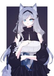 Rule 34 | animal ears, arknights, blue eyes, book, border, cat ears, detached sleeves, dress, golding (arknights), highres, holding, holding book, long hair, looking at viewer, nazo no hana, white border