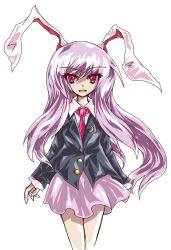 Rule 34 | 1girl, animal ears, bad id, bad pixiv id, blazer, crescent, crescent moon, female focus, formless god, grey background, highres, jacket, long hair, long sleeves, moon, necktie, open mouth, purple hair, rabbit ears, red eyes, reisen udongein inaba, skirt, solo, touhou, transparent background, very long hair