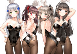 Rule 34 | 4girls, animal ears, arm up, armpits, arms behind head, ass, back, backless leotard, backless outfit, black eyes, black hair, blue hair, blunt bangs, blush, braid, breasts, brown hair, cleavage, closed mouth, collarbone, commentary, covered navel, crossed bangs, dduck kong, english commentary, fake animal ears, fake tail, girls&#039; frontline, gluteal fold, green eyes, grey hair, hair between eyes, hair ornament, hair ribbon, hand on own hip, highleg, highleg leotard, highres, hk416 (girls&#039; frontline), large breasts, leotard, light smile, long hair, looking at viewer, looking back, medium breasts, multiple girls, one side up, pantyhose, playboy bunny, rabbit ears, rabbit tail, red eyes, ribbon, ribs, scar, sidelocks, simple background, small breasts, strapless, strapless leotard, tail, type 95 (girls&#039; frontline), ump45 (girls&#039; frontline), wa2000 (girls&#039; frontline), white background, wrist cuffs, yellow eyes