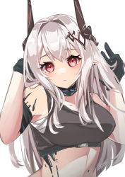 Rule 34 | 1girl, arknights, armband, bare shoulders, black choker, black gloves, blush, breasts, choker, commentary request, crop top, gloves, hair intakes, horns, infection monitor (arknights), large breasts, long hair, looking at viewer, material growth, midriff, mudrock (arknights), oripathy lesion (arknights), pointy ears, red eyes, sarashi, simple background, solo, sports bra, tsuyuki yuki, upper body, white background, white hair