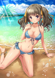 Rule 34 | 1girl, :o, anklet, arm support, barefoot, beach, bikini, brown hair, chaki-yam, cloud, day, front-tie top, jewelry, lens flare, light rays, long hair, looking at viewer, navel, ocean, original, outdoors, palm tree, purple eyes, shiny skin, side-tie bikini bottom, sitting, sky, solo, striped bikini, striped clothes, sunbeam, sunlight, swimsuit, tree, twintails, water