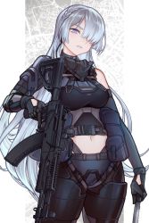 Rule 34 | 1girl, ak-15, ak-15 (girls&#039; frontline), assault rifle, breasts, defy (girls&#039; frontline), frown, girls&#039; frontline, gloves, green hair, gun, highres, holding, holding gun, holding knife, holding weapon, honi (ohohoni), kalashnikov rifle, knife, large breasts, long hair, map background, mask, mask around neck, midriff, one eye covered, purple eyes, rifle, tactical clothes, very long hair, weapon