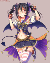 Rule 34 | 10s, 1girl, bat wings, belt, black hair, blush, bow, character name, dated, demon horns, demon tail, detached sleeves, fake horns, fingerless gloves, garter straps, gloves, grin, hair ribbon, halloween, headset, heart, highres, horns, lips, love live!, love live! school idol project, midriff, navel, one eye closed, pink background, purple background, ribbon, skirt, smile, solo, star (symbol), striped clothes, striped gloves, striped thighhighs, tail, tattoo, thighhighs, twintails, wings, wink, yazawa nico, yu-ta