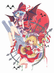 Rule 34 | 2girls, ascot, barefoot, bat (animal), bat wings, blonde hair, blue hair, chain, closed mouth, crystal, facial mark, flandre scarlet, hat, hat ribbon, high heels, looking at viewer, mob cap, multiple girls, nakaichi (ridil), open mouth, puffy short sleeves, puffy sleeves, red eyes, red footwear, red ribbon, red skirt, remilia scarlet, ribbon, shoes, short sleeves, siblings, side ponytail, simple background, sisters, skirt, skirt set, touhou, vest, white background, wings, wrist cuffs