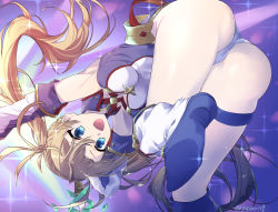 Rule 34 | 1girl, absurdres, ass, blonde hair, blue eyes, blush, boots, bradamante (fate), bradamante (first ascension) (fate), braid, breasts, cleavage, elbow gloves, fate/grand order, fate (series), gloves, hair between eyes, highres, huge filesize, knee boots, leotard, long hair, looking at viewer, mari (rodoney-kiara), open mouth, smile, solo, thigh strap, twintails, very long hair