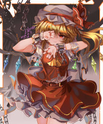 Rule 34 | 1girl, 2020, absurdres, arms up, artist name, ascot, back bow, bandages, belt, blonde hair, border, bow, breasts, brown belt, buttons, chain, closed mouth, collared shirt, commentary, crystal, english commentary, eyes visible through hair, fang, fingernails, flandre scarlet, frills, gradient background, grey background, grey bow, grey hat, hair between eyes, hands up, hat, hat ribbon, highres, jewelry, long fingernails, looking at viewer, medium breasts, mob cap, multicolored wings, nail polish, one side up, orange skirt, orange vest, puffy short sleeves, puffy sleeves, red eyes, red nails, red ribbon, ribbon, shirt, short hair, short sleeves, skirt, smile, solo, standing, top-exerou, touhou, vest, white border, white shirt, wings, wrist cuffs, wristband, yellow ascot