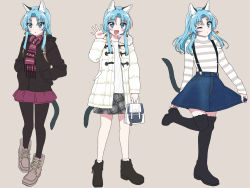 Rule 34 | 1girl, :d, animal ear fluff, animal ears, bag, bell, black footwear, black pantyhose, blue eyes, blue hair, blue skirt, blush, boots, brown footwear, brown jacket, cat ears, cat girl, cat tail, closed mouth, commentary request, cross-laced footwear, denim, denim skirt, fang, fingernails, fringe trim, grey skirt, hair between eyes, hand up, handbag, hands in pockets, head tilt, highres, holding, holding bag, jacket, jingle bell, lace-up boots, long hair, long sleeves, looking at viewer, multiple views, one eye closed, open clothes, open jacket, open mouth, original, pantyhose, parted bangs, plaid, plaid skirt, pleated skirt, purple skirt, ribbed shirt, scarf, shirt, skirt, sleeves past wrists, smile, socks, standing, standing on one leg, striped clothes, striped shirt, suspender skirt, suspenders, tail, tail raised, thigh boots, thighhighs, tonbi, white jacket, white shirt, white thighhighs