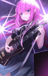 Rule 34 | 1girl, absurdres, black shirt, blue eyes, bocchi the rock!, closed mouth, electric guitar, floating hair, gibson les paul, gotoh hitori, grey skirt, guitar, highres, holding, holding instrument, instrument, long hair, looking at viewer, music, mutenka (plfgb), pink hair, playing instrument, pleated skirt, shirt, short sleeves, sidelocks, skirt, solo, sweat, wavy mouth