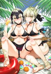 Rule 34 | 2girls, arm ribbon, armband, artoria pendragon (all), artoria pendragon (fate), barefoot, beach, bikini, black bikini, black choker, black ribbon, blonde hair, blush, breasts, choker, closed mouth, cup, dated, drinking glass, fate/grand order, fate (series), headpiece, holding, holding cup, jeanne d&#039;arc (fate), jeanne d&#039;arc alter (avenger) (fate), jeanne d&#039;arc alter (fate), kojima saya, large breasts, looking at viewer, multiple girls, outdoors, palm tree, parted lips, ribbon, saber alter, saint quartz (fate), sarong, side-tie bikini bottom, signature, sitting, smile, spread legs, swimsuit, tree, yellow eyes