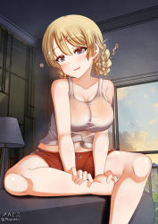 Rule 34 | 1girl, bare shoulders, blonde hair, blue eyes, blush, braid, breasts, cleavage, darjeeling (girls und panzer), female focus, french braid, girls und panzer, highres, indoors, large breasts, looking at viewer, megadeko, navel, open mouth, red shorts, shirt, shorts, sitting, smile, solo, tank top, white tank top, window