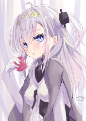 Rule 34 | 1girl, absurdres, apple, blue eyes, clothes writing, commentary request, corset, elbow gloves, food, fruit, gloves, grey hair, grey jacket, headband, highres, hizaka, holding, holding food, holding fruit, jacket, jacket on shoulders, kantai collection, looking at viewer, neckerchief, one-hour drawing challenge, one side up, sailor collar, school uniform, serafuku, solo, suzutsuki (kancolle), upper body, white gloves, white headband, white neckerchief, white sailor collar