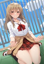 Rule 34 | 1girl, ahoge, black socks, blue sky, blush, bow, breasts, brown eyes, brown hair, cleavage, cloud, collarbone, collared shirt, commentary request, day, dress shirt, hair between eyes, highres, jewelry, komori kuzuyu, lap pillow invitation, long hair, looking at viewer, medium breasts, mole, mole on breast, mole under eye, nail polish, original, outdoors, pendant, pink nails, pink scrunchie, plaid, plaid skirt, pleated skirt, railing, red bow, red skirt, school uniform, scrunchie, shirt, shoes, skirt, sky, smile, socks, solo, thighs, tile floor, tiles, uwabaki, white footwear, white shirt, wrist scrunchie