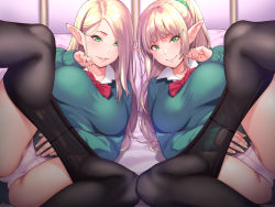 Rule 34 | 2girls, black legwear, blonde hair, blush, bow, bowtie, breasts, cameltoe, closed mouth, collarbone, collared shirt, dress shirt, elf, eyelashes, fingernails, green eyes, green scrunchie, hair ornament, hair over one eye, hair scrunchie, half-closed eyes, hand on own cheek, hand on own face, hand up, highres, indoors, large breasts, long hair, long sleeves, looking at viewer, lying, multiple girls, non-web source, on bed, original, panties, panty pull, pantyhose, pantyshot, parted lips, pink panties, pointy ears, ponytail, red bow, red neckwear, scrunchie, shirt, shouji nigou, sidelocks, smile, underwear, white shirt, wing collar