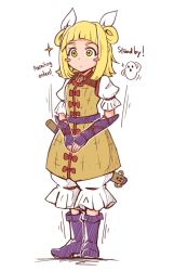 Rule 34 | 1girl, :o, armor, armored dress, blonde hair, bloomers, blue footwear, blunt bangs, blush stickers, boots, commentary, double bun, english commentary, english text, full body, hair bun, hair ribbon, haniwa (statue), joutouguu mayumi, knee boots, looking to the side, motion lines, own hands together, puffy short sleeves, puffy sleeves, ribbon, shirt, short hair, short sleeves, sketch, solo, sparkle, standing, standing at attention, thick eyebrows, touhou, underwear, vambraces, white shirt, wool (miwol), yellow eyes