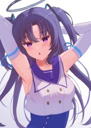 Rule 34 | 1girl, :o, armpits, arms behind back, arms up, blouse, blue archive, blue ribbon, blush, breasts, crop top, gloves, halo, highres, long hair, looking at viewer, medium breasts, open mouth, parted bangs, pointy ears, purple eyes, purple hair, purple sailor collar, ribbon, sailor collar, shiratama (amenomurakumo0610), shirt, sideboob, simple background, solo, sweat, two side up, upper body, very long hair, white background, white gloves, white shirt, yuuka (blue archive)